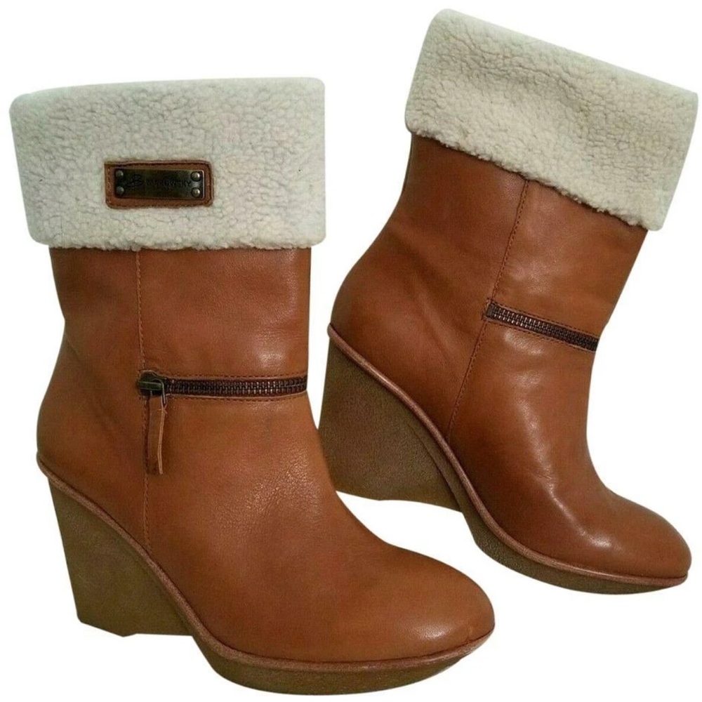 B. Makowsky BF Nancy‎ Tan Wedge Boots with Faux Sherling Cuff